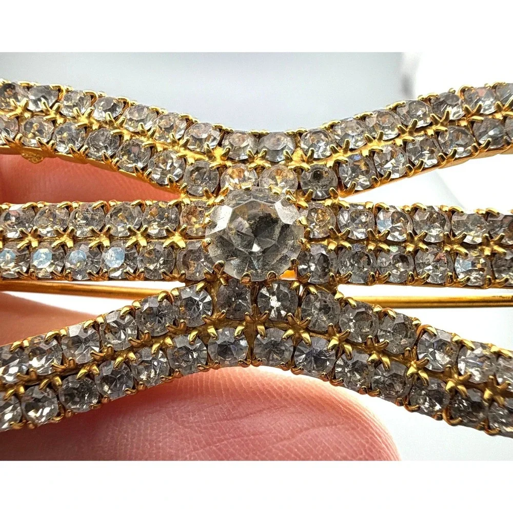 Vintage Hobe Rhinestone Bow Hair Barrette Gold Tone 3.5